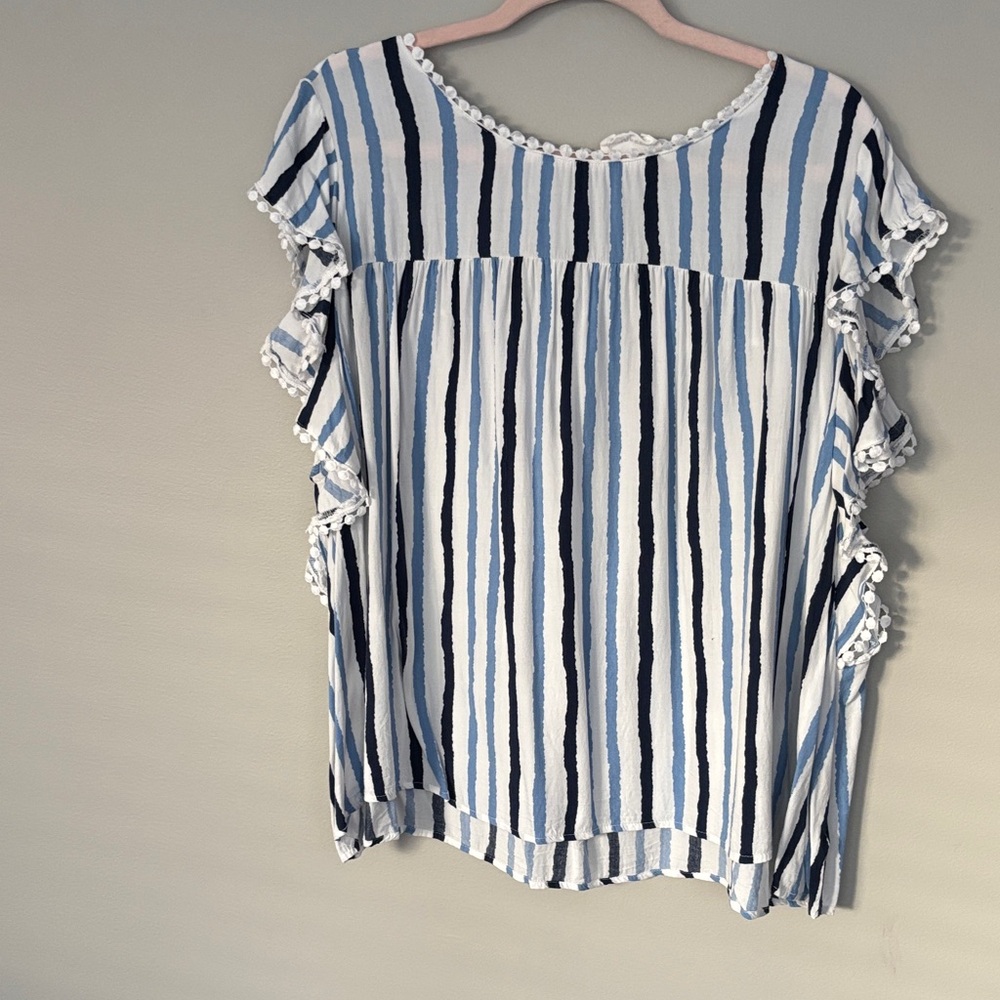 ANDREE BY UNIT Blue & White Striped Ruffle Sleeve Tunic
